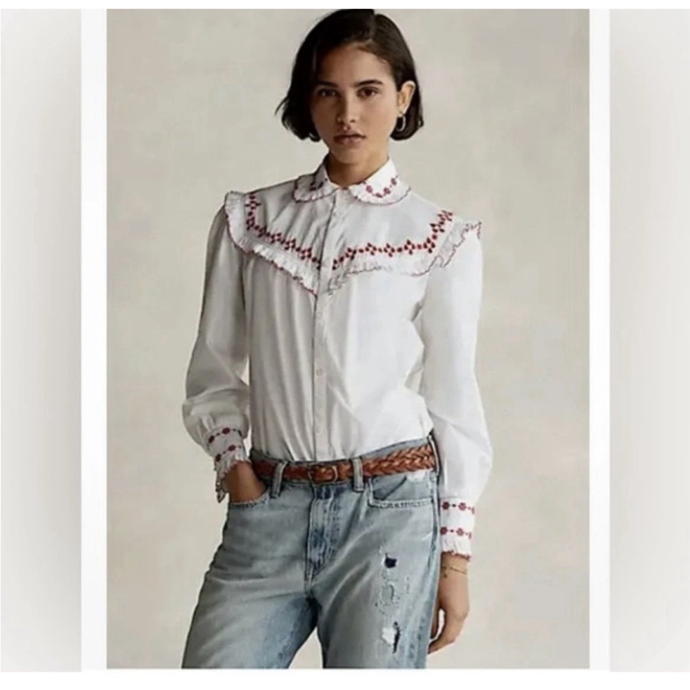Polo White Embroidered Victorian Collar Button-Down Top